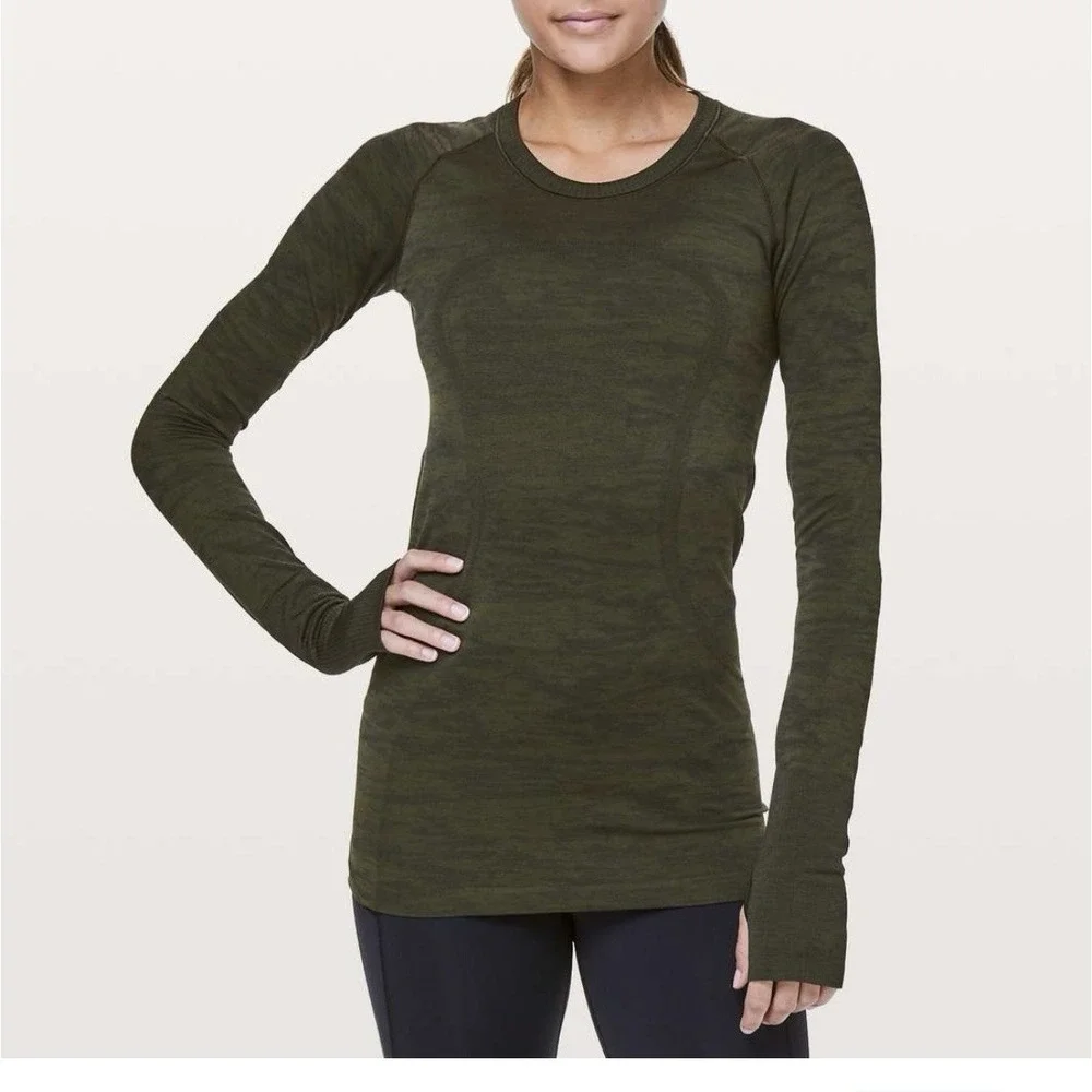 Lululemon Women's Olive Green Camo Long Sleeve‎ Swiftly Tech Workout Shirt Sz 4